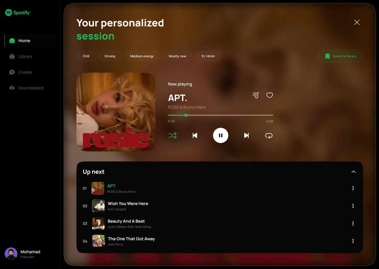 The expanded Up next queue showing the order of the session with artwork, titles and artists